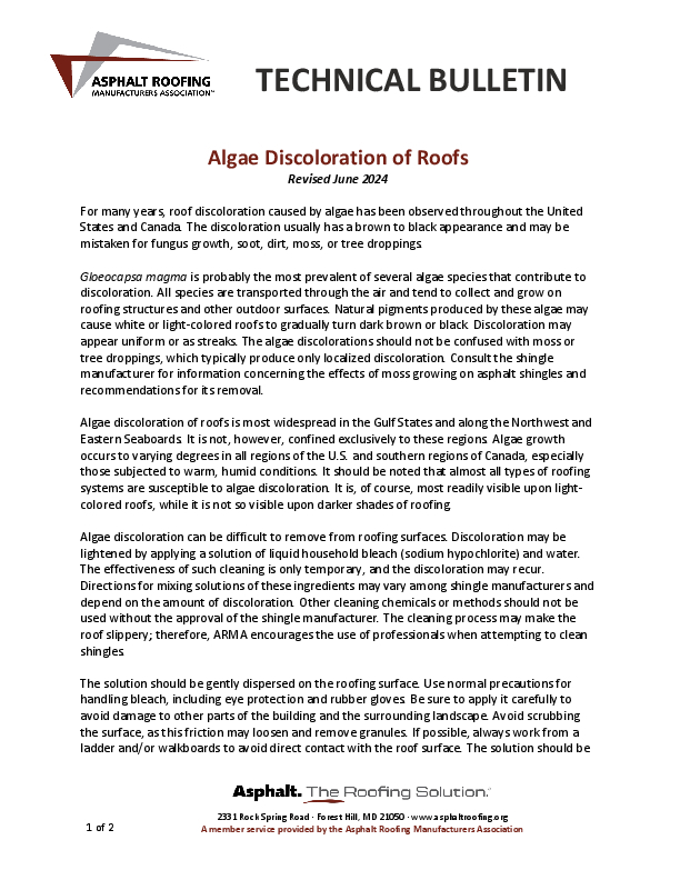 ARMA Algae Discoloration of Roofs
