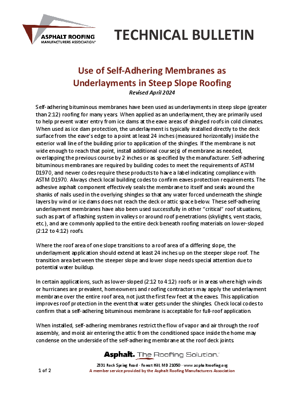 ARMA Use of Self-Adhering Membranes as Underlayment in Steep Slope Roofing