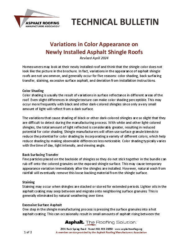 ARMA Variations in Color Appearance on Newly Installed Asphalt Shingle Roofs