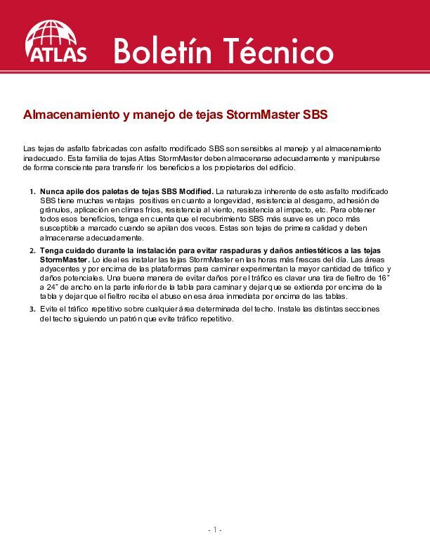 Almacenamiento y manejo de tejas de asfalto modificadas SBS - (SBS Modified Asphalt Shingle Storage Handling)