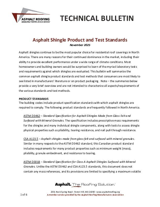 ARMA Asphalt Shingle Product and Test Standards