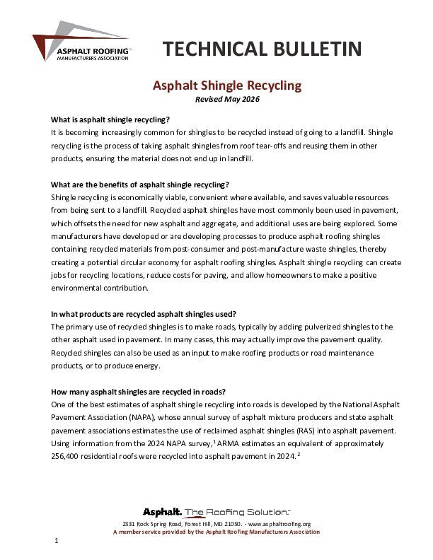 ARMA Asphalt Shingle Recycling