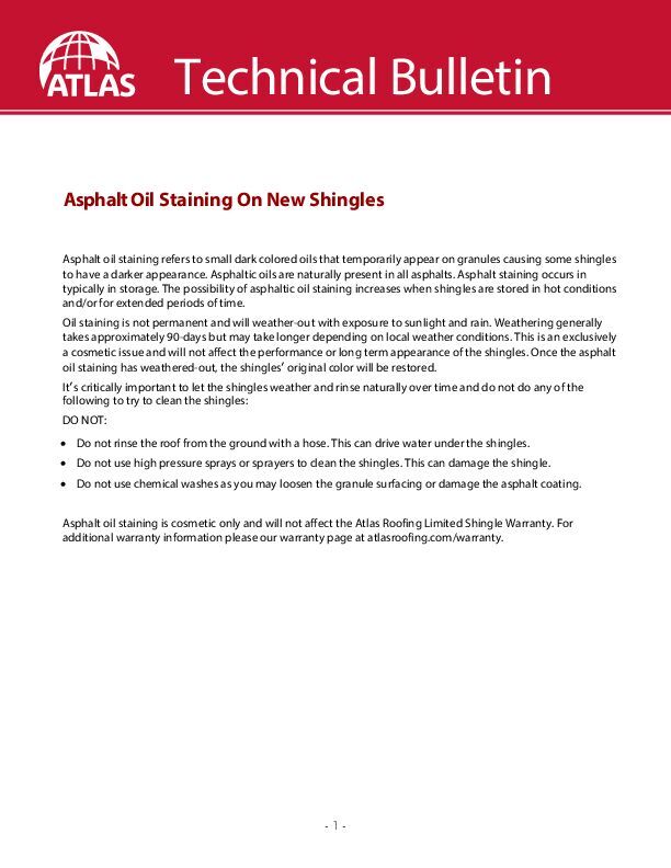 Asphalt Shingles - Oil Staining On New Shingles