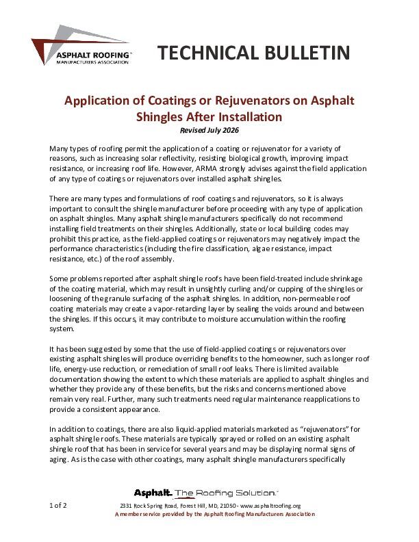 ARMA Application of Coating or Rejuvenators on Asphalt Shingles After Installation