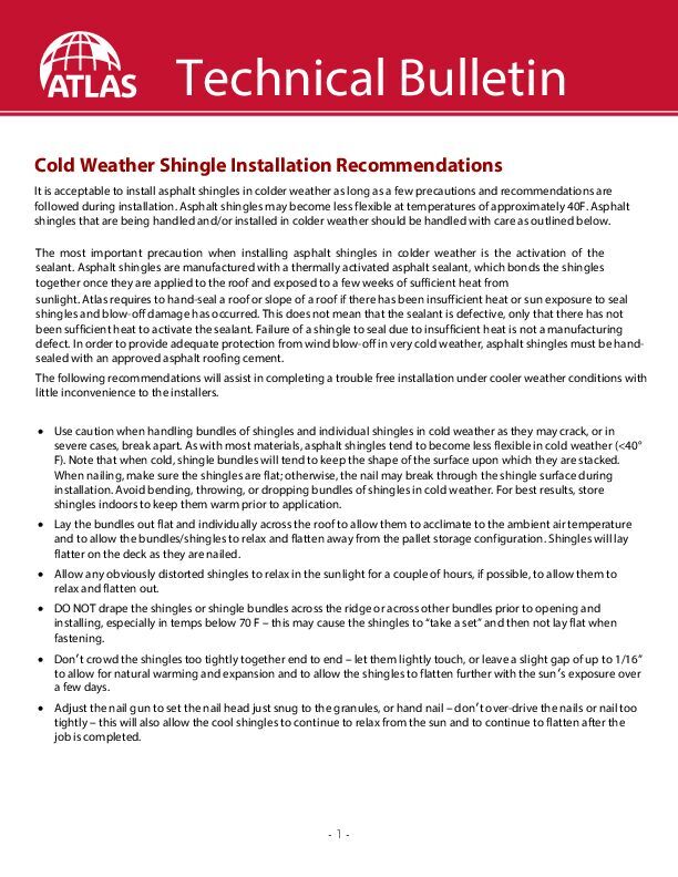 Cold Weather Shingle Installation Recommendations