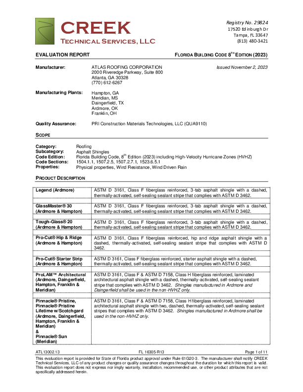 Florida Building Approval Report (Shingles - FL 16305)