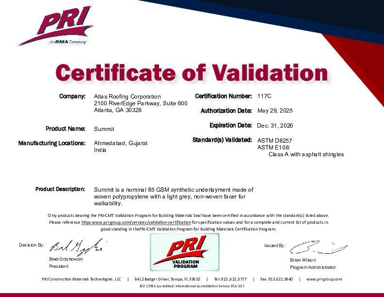 Florida Building Code Approval Certificate (Summit Synthetic - FL 47540)