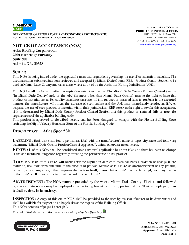 Miami Dade (NOA) - Atlas Spec 30 Saturated Felt