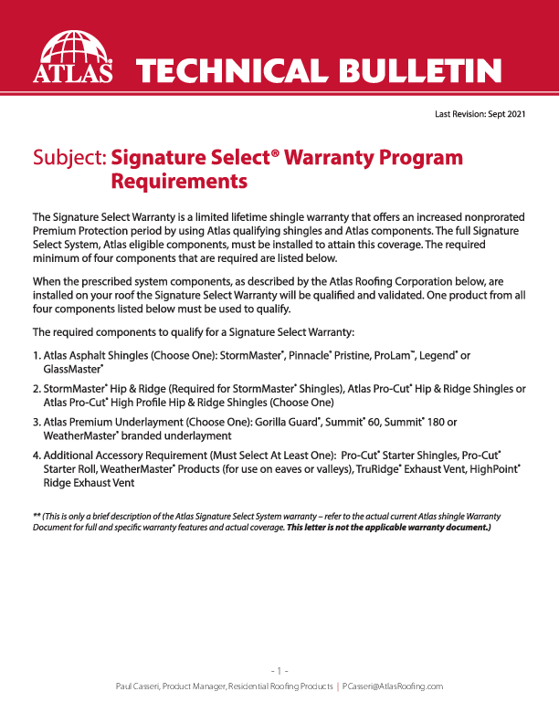 Signature Select Warranty Requirements