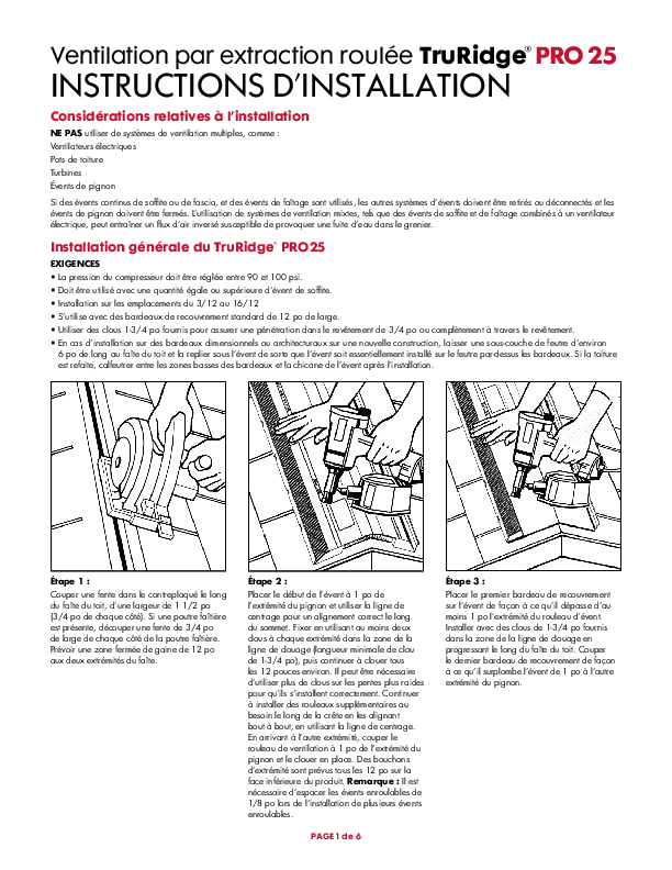 TruRidge Pro25 Roll Vent Installation Instructions French Canadian