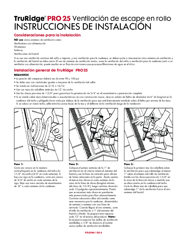 TruRidge Pro25 Roll Vent Installation Instructions Spanish