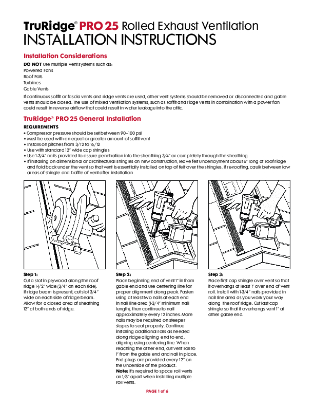 TruRidge Pro25 Roll Vent Installation Instructions