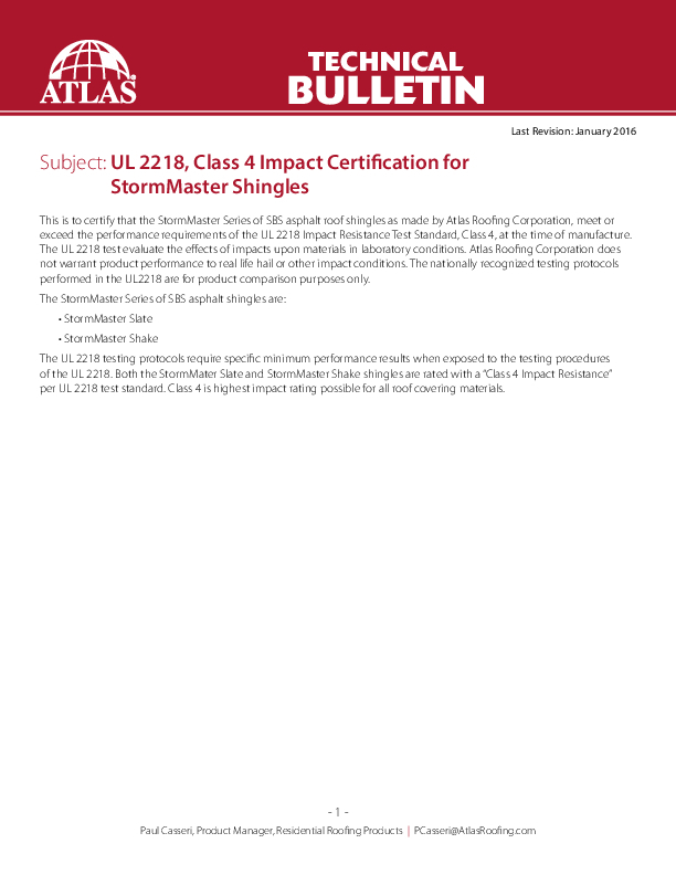 Class 4 Impact Resistance for StormMaster Shingles
