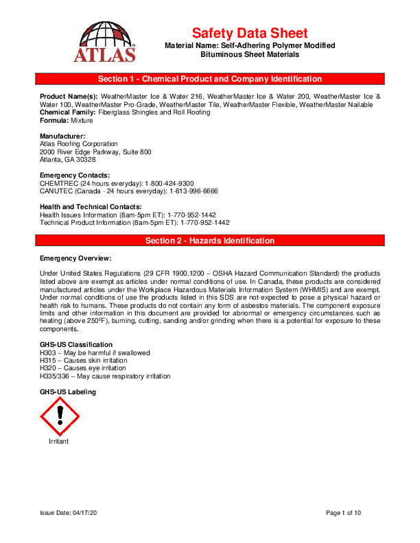 WeatherMaster Underlayment SDS