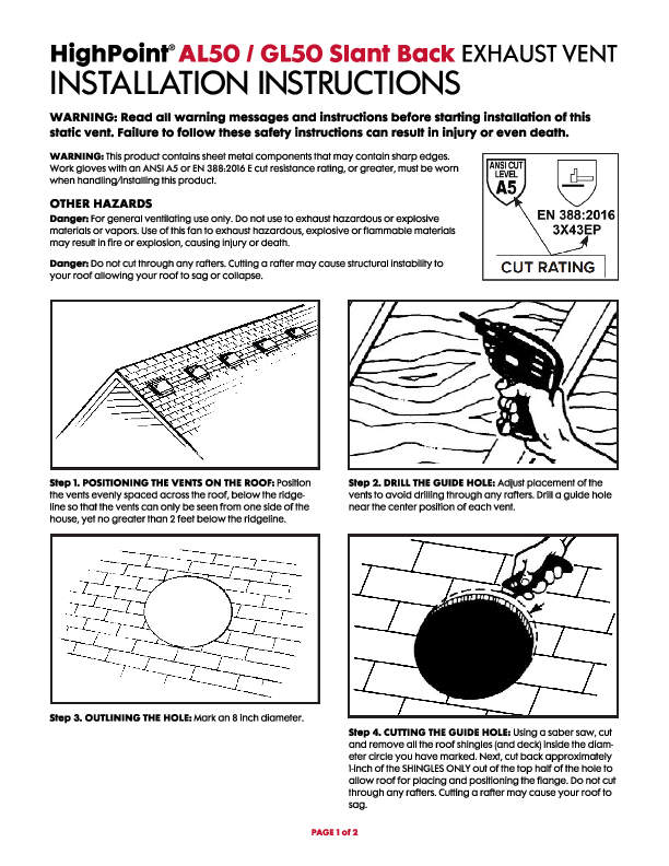 HighPoint AL50/GL50 Slant Back Exhaust Ventilation Installation Instructions